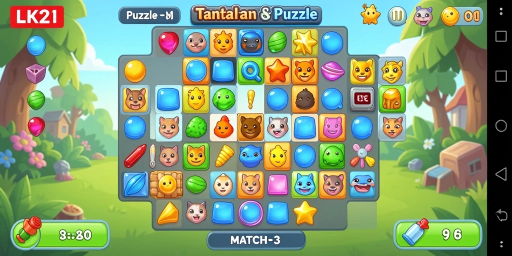 Antarmuka game Puzzle Match-3 yang menarik dan interaktif.