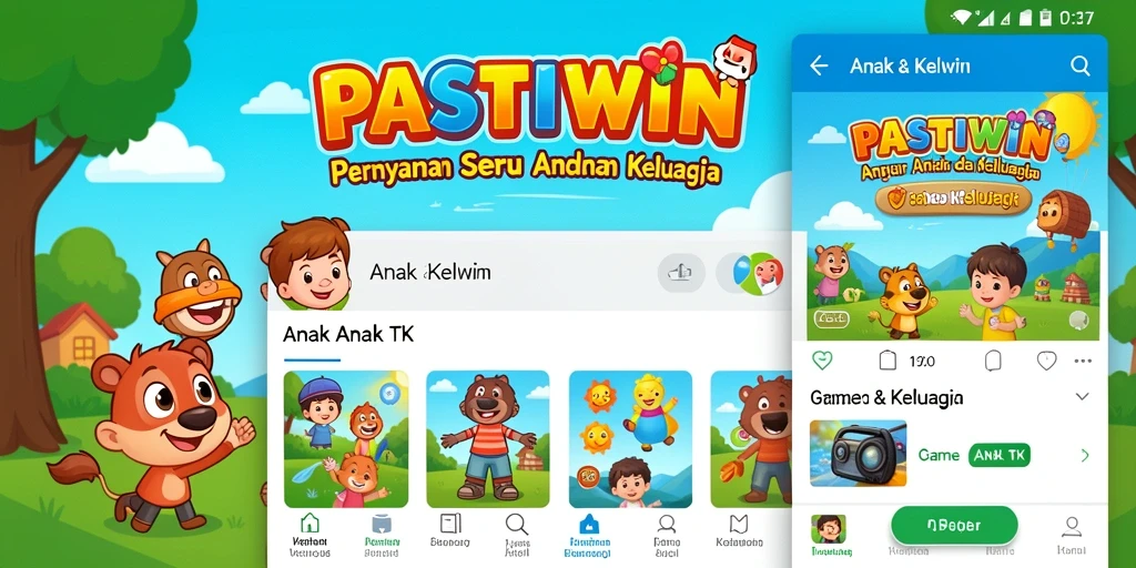 Antarmuka permainan PASTIWIN yang cerah dan interaktif untuk anak-anak.