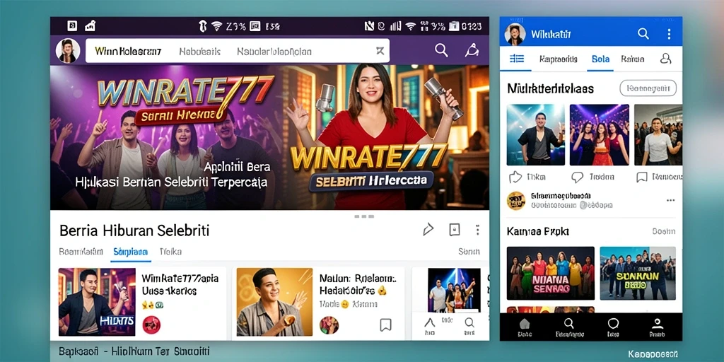 Antarmuka aplikasi WINRATE777 menampilkan berita selebriti terbaru dengan desain yang menarik.